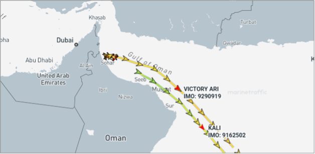 Tankers laden with Iranian hydrocarbons departing the Gulf of Oman (Credit: Marine Traffic)