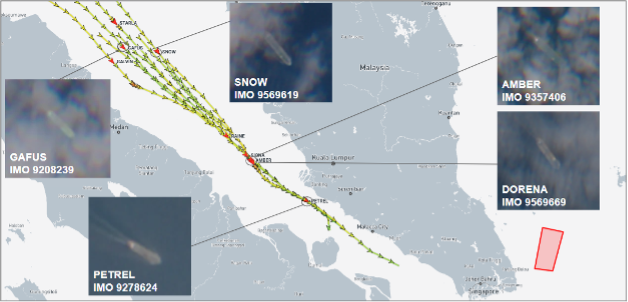 Laden tankers transiting the Malacca Strait on July 1 (Credit: ESA Copernicus & Marine Traffic)