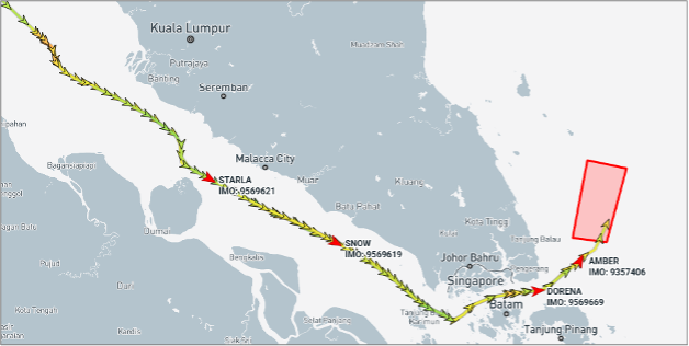 Four Iran flagged tankers transiting towards the Malaysian EOPL on July 2 (Credit: Marine Traffic & ESA Copernicus)