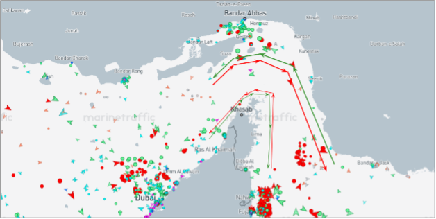 Strait of Hormuz transits on July 13 at 12:00 UTC (Credit: Marine Traffic)
