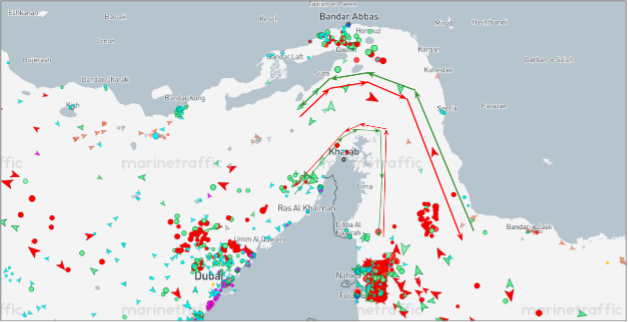 Strait of Hormuz transits on July 21 at 12:00 UTC (Credit: Marine Traffic)