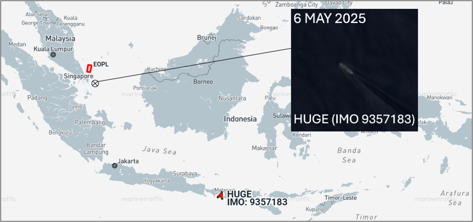 Iranian flagged tanker transiting Southeast Asian sea lanes on May 6 (Credit: Marine Traffic & ESA Copernicus)