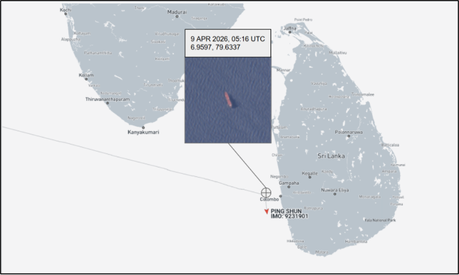 Falsely flagged tanker anchored off Colombo on April 9 (Credit: Marine Traffic and ESA Copernicus)
