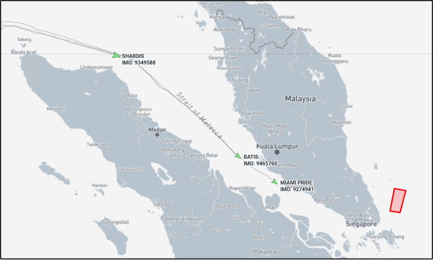 Iran flagged cargo ships in the Malacca Strait on April 20 (Credit: Marine Traffic)