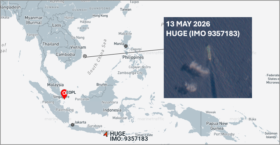 Iranian flagged tanker transiting the South China Sea on May 13 (Credit: Marine Traffic & ESA Copernicus)