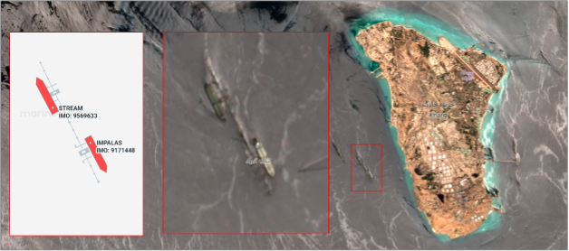 Two tankers loading Iranian crude at Kharg Island on June 20 (Credit: ESA Copernicus & Marine Traffic)