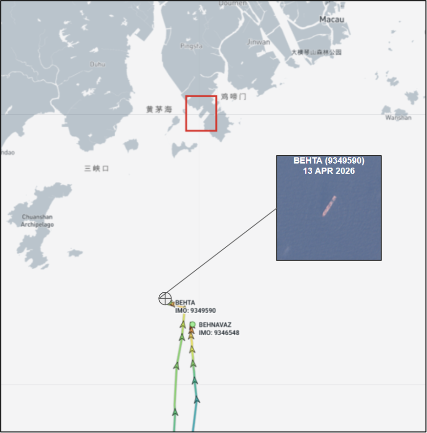 Two Iran flagged container ships at anchor near Zuhai, China, on April 15 (Credit: Marine Traffic and ESA Copernicus)