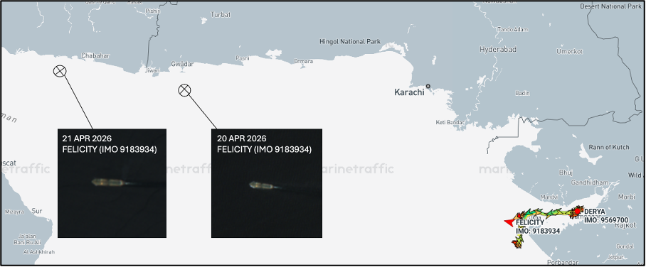 Tankers sailing the Arabian Sea between April 18 and 23 (Credit: Marine Traffic & ESA Copernicus)