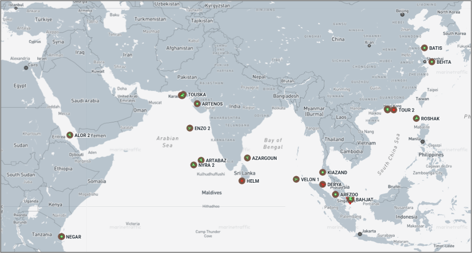 Iran-flagged vessels across the Indo-Pacific on May 28 (Credit: Marine Traffic)
