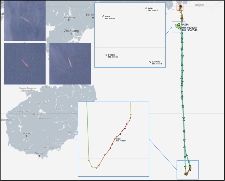 Iran flagged container ships near Zhuhai, China, on April 28 (Credit: Marine Traffic and ESA Copernicus)