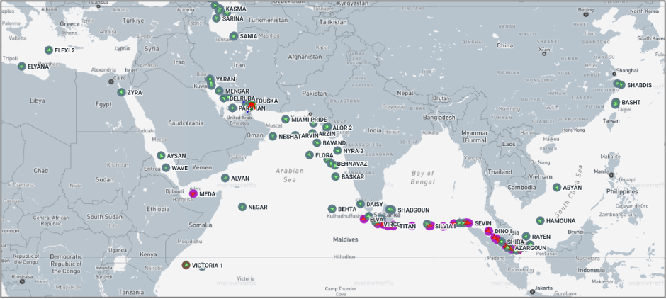 Iran-flagged vessels across the Indo-Pacific on July 1 (Credit: Marine Traffic)