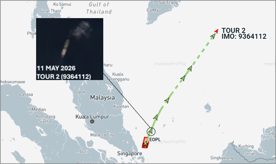 Iran flagged tanker departing the EOPL on May 12 (Credit: ESA Copernicus & Marine Traffic)