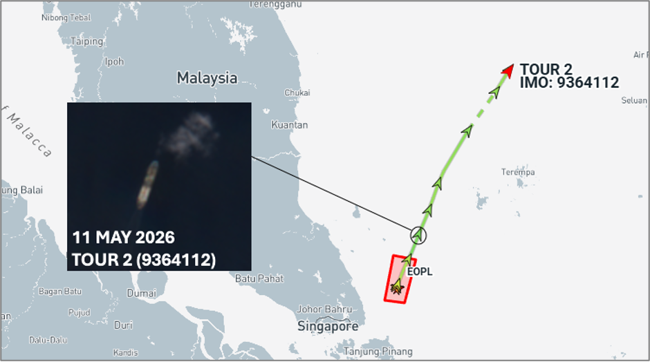 Iran flagged tanker departing the EOPL on May 11 (Credit: ESA Copernicus & Marine Traffic)