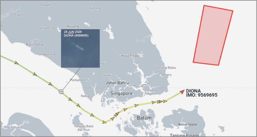 Iran-flagged tanker transiting the Singapore Strait on June 28 (Credit: Marine Traffic & ESA Copernicus)
