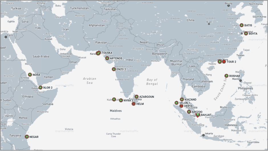 Iran-flagged vessels across the Indo-Pacific on May 29 (Credit: Marine Traffic)