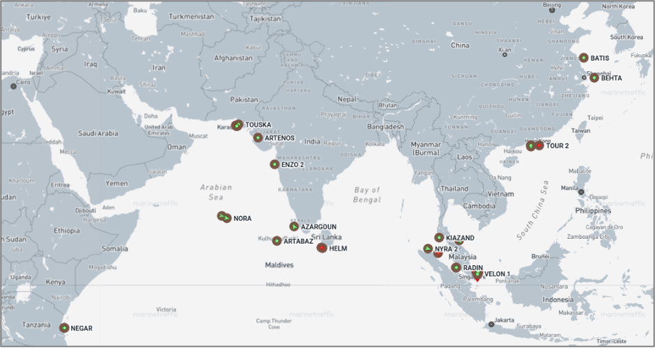 Iran-flagged vessels across the Indo-Pacific on June 2 (Credit: Marine Traffic)