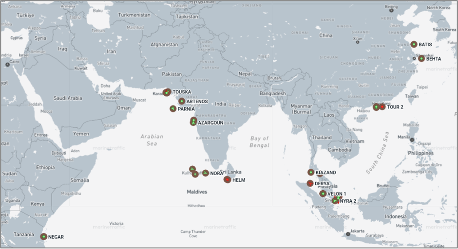 Iran-flagged vessels across the Indo-Pacific on June 4 (Credit: Marine Traffic)