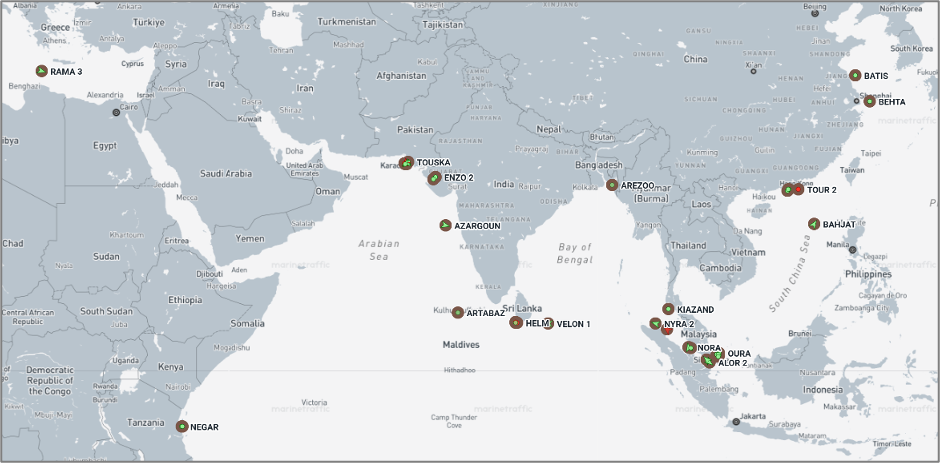 Iran-flagged vessels across the Indo-Pacific on June 10 (Credit: Marine Traffic)