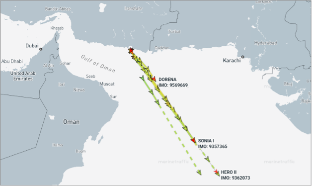 Iranian oil laden tankers transiting out of the Gulf of Oman on June 18 (Credit: Marine Traffic)
