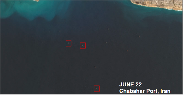 Iranian oil laden tankers at Chabahar Port, Iran on June 15 and 22 (Credit: ESA Copernicus)