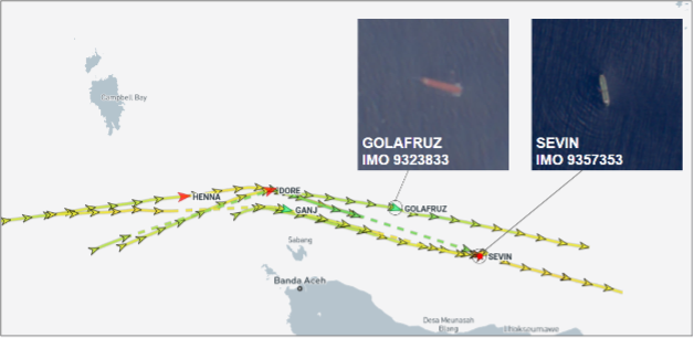 Iran-flagged vessels transiting the Andaman Sea on July 2 (Credit: Marine Traffic & ESA Copernicus)