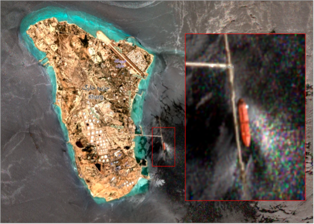 Tanker loading Iranian Crude from Kharg Island on July 15 (Credit: ESA Copernicus)