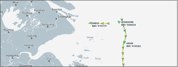 Iran flagged cargo ships by Shanghai, China on April 27-28 (Credit: Marine Traffic)