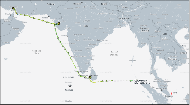 Iran flagged container ship in the Bay of Bengal, on April 29 (Credit: Marine Traffic)