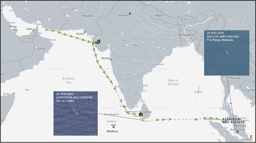 Iran flagged container ship entering Malacca Strait on April 30 (Credit: Marine Traffic and ESA Copernicus)