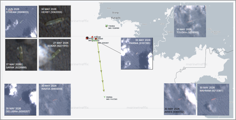 Iran-flagged cargo vessels near Karachi, Pakistan on June 3  (Credit: Marine Traffic and ESA Copernicus)