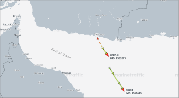 Iranian oil laden tanker transiting out of the Gulf of Oman on June 16 (Credit: Marine Traffic)