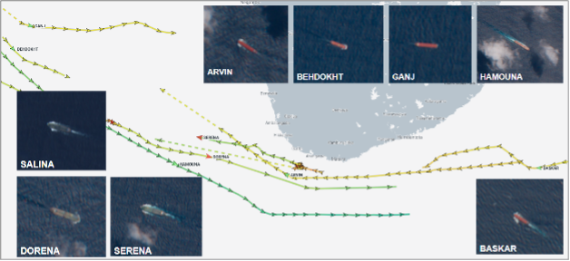 Iran flagged vessels near Sri Lanka on June 25 (Credit: ESA Copernicus & Marine Traffic)