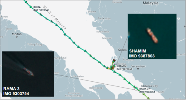 Iran-flagged cargo ships in the Malacca Strait on July 1 (Credit: ESA Copernicus & Marine Traffic)