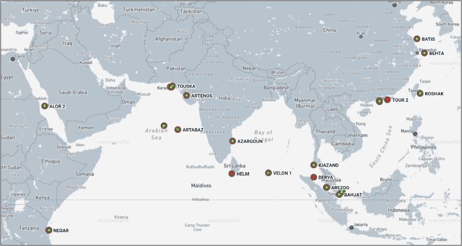 Iran-flagged vessels across the Indo-Pacific on May 27 (Credit: Marine Traffic)