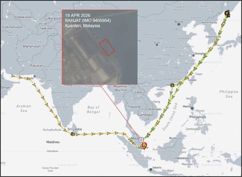 Iran-flagged bulk cargo ship in Kuantan, Malaysia on April 20 (Credit: Marine Traffic & ESA Copernicus)