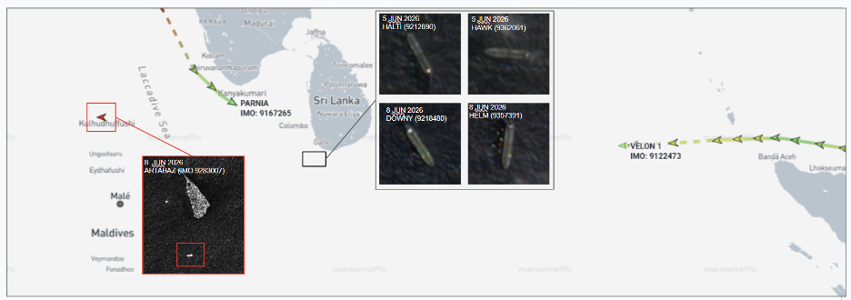 Iran-flagged container ships near the Maldives and Sri Lanka on June 8
