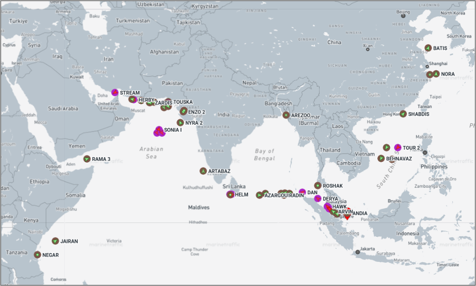 Iran-flagged vessels across the Indo-Pacific on June 18 (Credit: Marine Traffic)