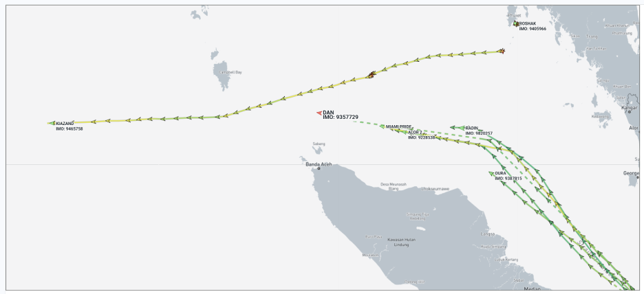 Iran-flagged cargo ships near the northern Malacca Strait on June 17 (Credit: Marine Traffic)