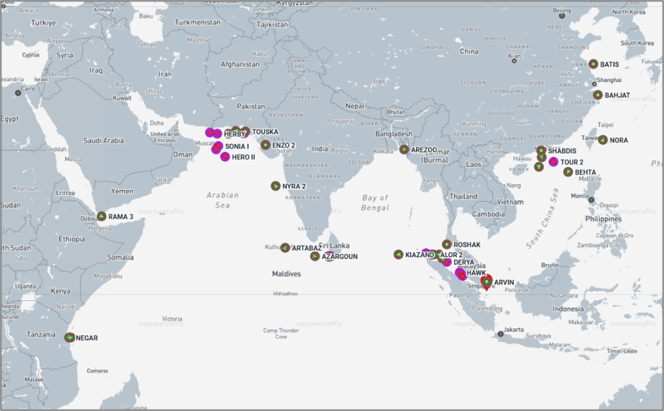 Iran-flagged vessels across the Indo-Pacific on June 17 (Credit: Marine Traffic)