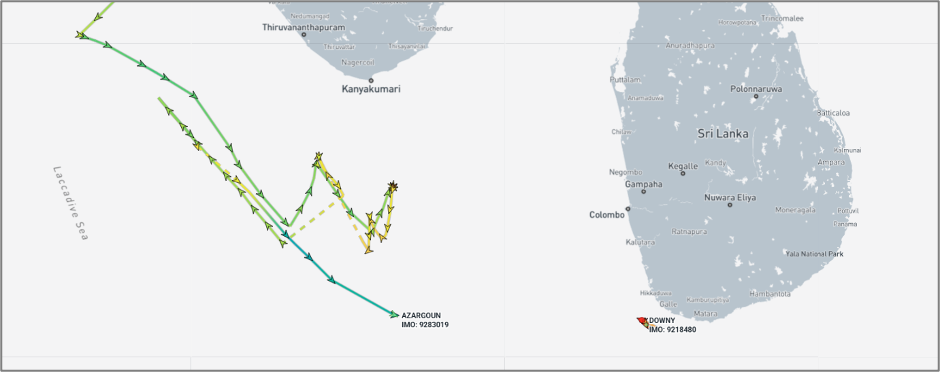 Iran-flagged container ships near southern India and Sri Lanka on June 17 (Credit: Marine Traffic)