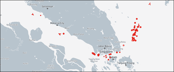 Map of tankers listed on UANI’s Ghost Armada across Southeast Asia’s sea lanes on March 25 (Credit: Marine Traffic)