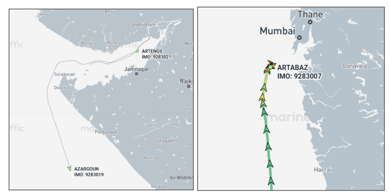 Iran flagged container ships by the Indian coastline on April 17 (Credit: Marine Traffic)