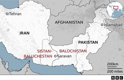 Map of the Baluchistan cross-border region in Iran and Pakistan (BBC)