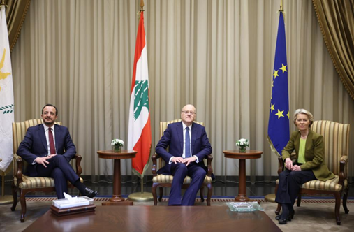 Pictured: the President of Cyprus, the Lebanese caretaker Prime Minister, and the European Commission President. 