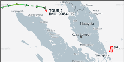 Iran flagged tanker transiting the Malacca Strait on April 21 (Credit: Marine Traffic)