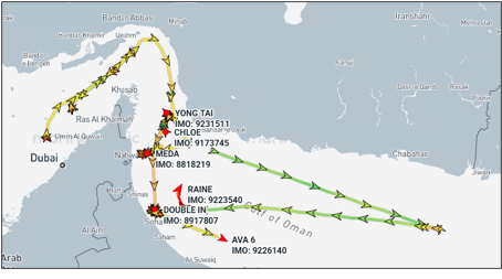 Five tankers, laden with Iranian oil, in the Gulf of Oman between April 18 and 21 (Credit: Marine Traffic)