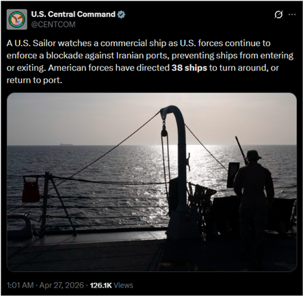 U.S. CENTCOM update on the blockade on April 27 (U.S. CENTCOM/X)