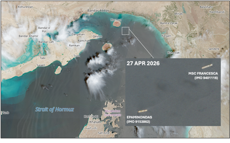 Two container ships reportedly seized by the IRGC in the Strait of Hormuz on April 27 (Credit: ESA Copernicus)