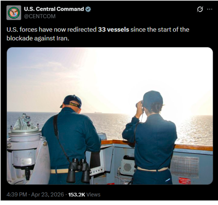 U.S. CENTCOM update on the blockade on April 23 (U.S. CENTCOM/X)