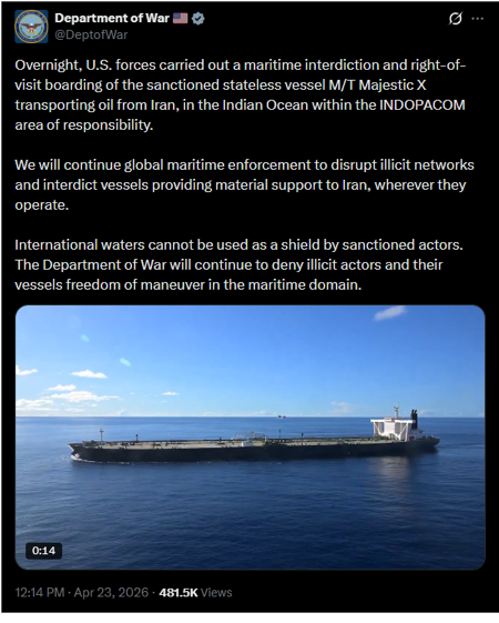 U.S. Department of War video of the interdiction of MAJESTIC X on April 23 (U.S. Department of War/X)
